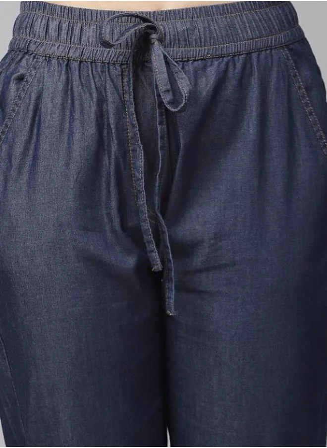 كاجوالي Denim Look Elasticated Waistband Cropped Joggers by Styli