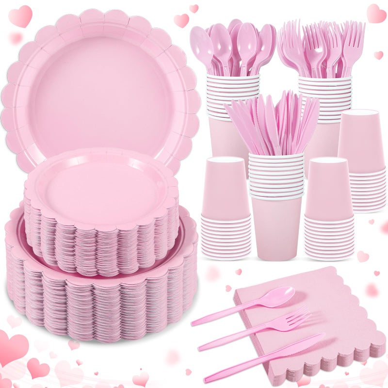 Xiangqu 350 Pcs Pink Paper Plates and Napkins  Valentines Plates Light Pink Party Supplies Include Pink Scalloped Plates Napkins Cups Plastic Spoons Forks Knives for Baby Shower  Wedding  Birthday - Image 1