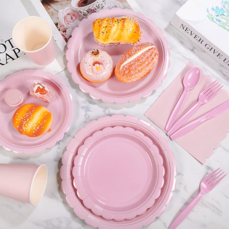 Xiangqu 350 Pcs Pink Paper Plates and Napkins  Valentines Plates Light Pink Party Supplies Include Pink Scalloped Plates Napkins Cups Plastic Spoons Forks Knives for Baby Shower  Wedding  Birthday - Image 5