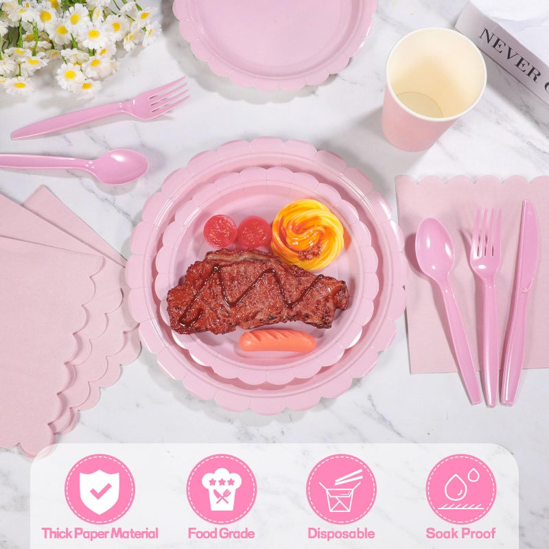 Xiangqu 350 Pcs Pink Paper Plates and Napkins  Valentines Plates Light Pink Party Supplies Include Pink Scalloped Plates Napkins Cups Plastic Spoons Forks Knives for Baby Shower  Wedding  Birthday - Image 3