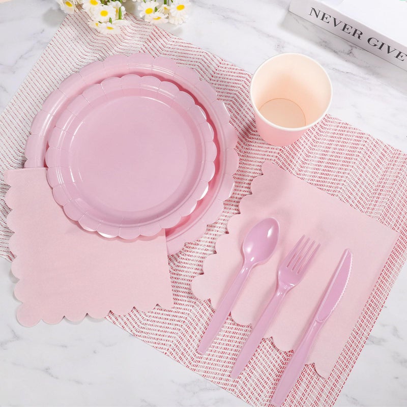 Xiangqu 350 Pcs Pink Paper Plates and Napkins  Valentines Plates Light Pink Party Supplies Include Pink Scalloped Plates Napkins Cups Plastic Spoons Forks Knives for Baby Shower  Wedding  Birthday - Image 4