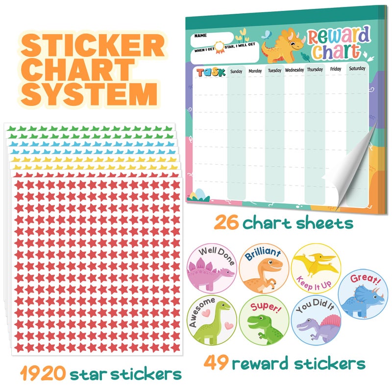 yasest Reward Chart for Kids â€“ Dinosaur Magnetic Kids Behavior Chart, Pad with 26 Chore Charts, 1920 Star Stickers, 49 Incentive Stickers, Responsibility Chart for Kids Boys Toddlers - Kids Chore Chart - Image 2