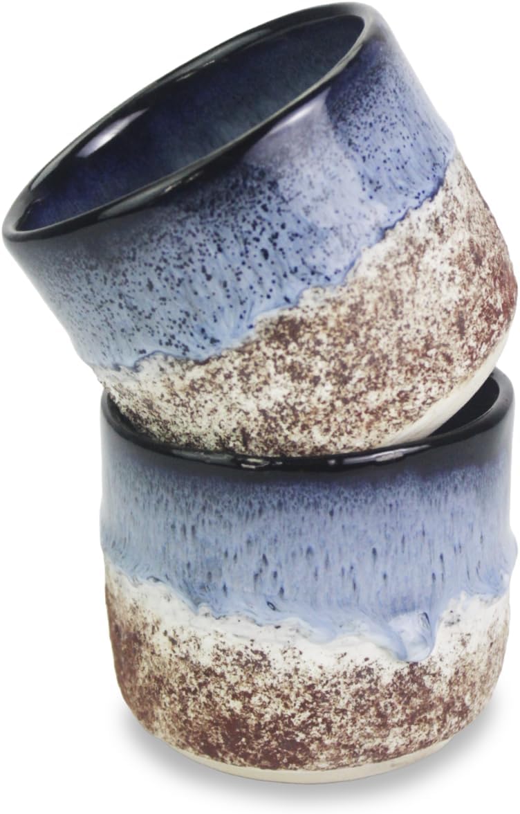 roro Handmade Ceramic Tea Cups Rustic Reactive Blue Glaze Coastal BeachThemed Sipper Set of 2 200ml 65oz Textured Grip Microwave  Dishwasher Safe - Image 1