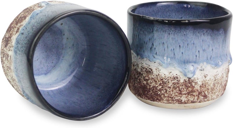roro Handmade Ceramic Tea Cups Rustic Reactive Blue Glaze Coastal BeachThemed Sipper Set of 2 200ml 65oz Textured Grip Microwave  Dishwasher Safe - Image 2