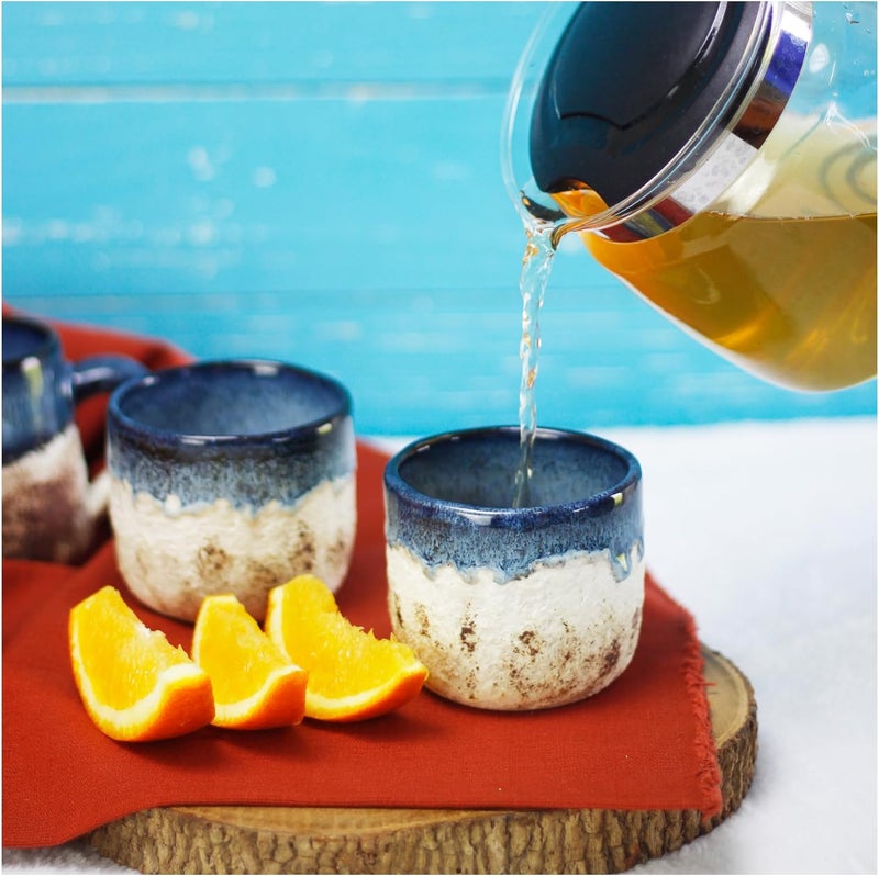 roro Handmade Ceramic Tea Cups Rustic Reactive Blue Glaze Coastal BeachThemed Sipper Set of 2 200ml 65oz Textured Grip Microwave  Dishwasher Safe - Image 5