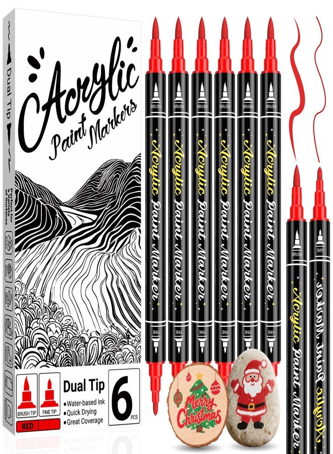 AKARUED Red Paint Marker for Rocks: 6 Pack Red Acrylic Paint Pen Dual Tip (Fine & brush), Non-Toxic, Water Based Acrylic Markers for Wood Painting, Plastic, Metal, Stone, DIY Crafts - Image 1