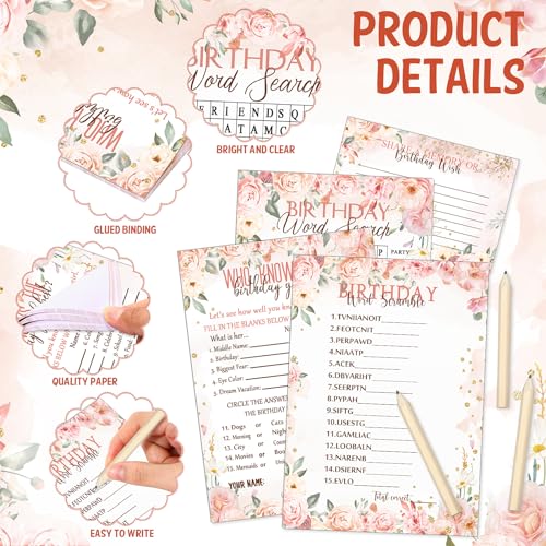 Fumete Birthday Party Games & Activities 100 Pcs Who Knows The Girl Game with 20 Pencils Girly Birthday Cards Set for Teens Sweet Sleepover Party Supplies for Girls,4 Activities(Rose) - Image 3