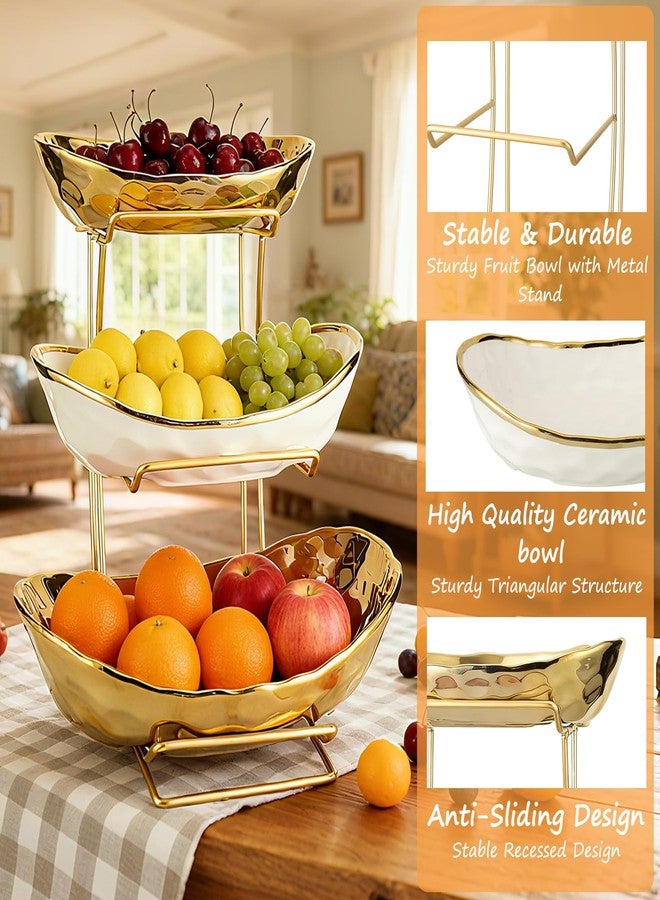 Jessie 3 Tier Ceramic Fruit Bowl for Kitchen Counter with Metal Rack, Fruit Basket with Stand, Porcelain Bowls for Vegetable Bread Candy Snack Nuts Dessert Cake Tray (Gold 3 Layer) - Image 5