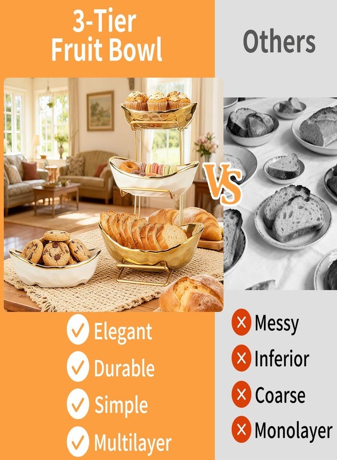 Jessie 3 Tier Ceramic Fruit Bowl for Kitchen Counter with Metal Rack, Fruit Basket with Stand, Porcelain Bowls for Vegetable Bread Candy Snack Nuts Dessert Cake Tray (Gold 3 Layer) - Image 3