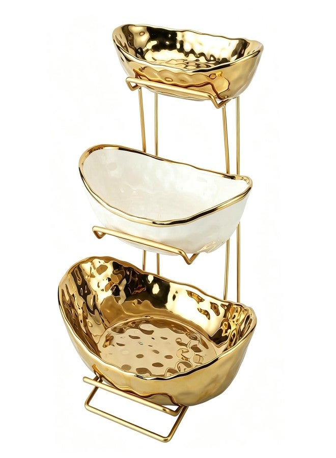 Jessie 3 Tier Ceramic Fruit Bowl for Kitchen Counter with Metal Rack, Fruit Basket with Stand, Porcelain Bowls for Vegetable Bread Candy Snack Nuts Dessert Cake Tray (Gold 3 Layer) - Image 1