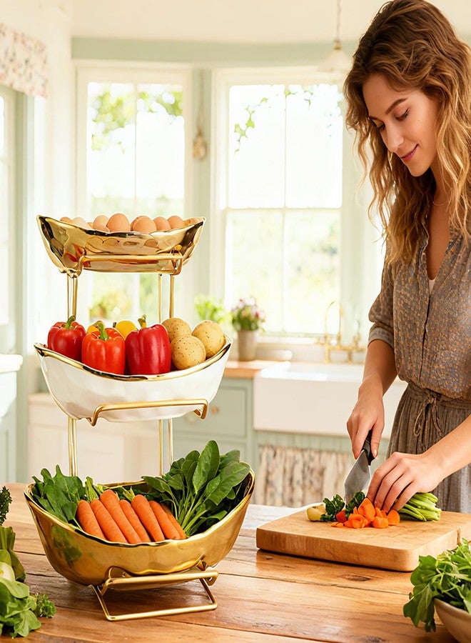Jessie 3 Tier Ceramic Fruit Bowl for Kitchen Counter with Metal Rack, Fruit Basket with Stand, Porcelain Bowls for Vegetable Bread Candy Snack Nuts Dessert Cake Tray (Gold 3 Layer) - Image 4