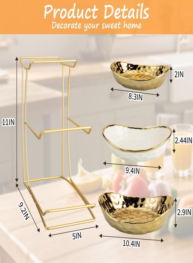 Jessie 3 Tier Ceramic Fruit Bowl for Kitchen Counter with Metal Rack, Fruit Basket with Stand, Porcelain Bowls for Vegetable Bread Candy Snack Nuts Dessert Cake Tray (Gold 3 Layer) - Image 2