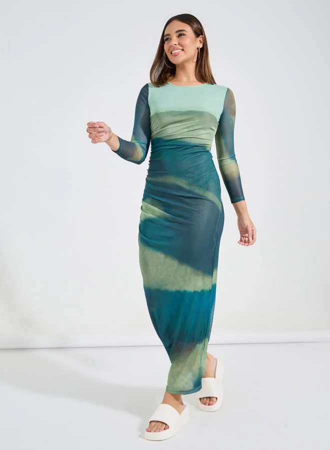 Styli Ruched Tie & Dye Long Sleeves Bodycon Maxi Dress