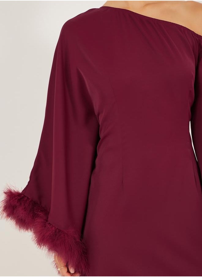 Styli - Asymmetric Neck Faux Fur Trim Maxi Dress - Image 1