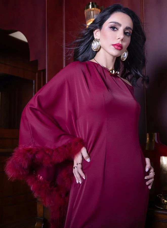 Styli Asymmetric Neck Faux Fur Trim Maxi Dress