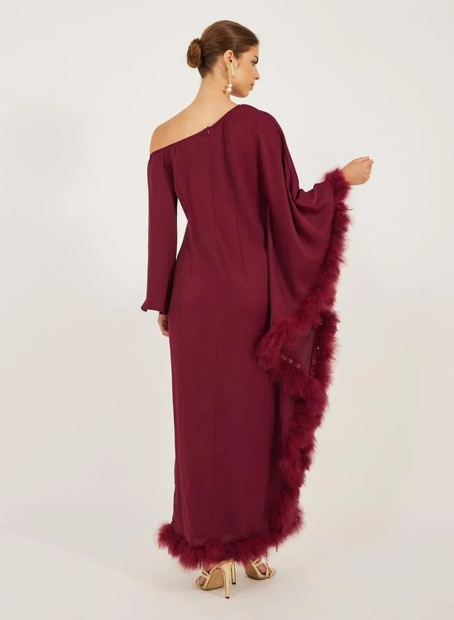 Styli Asymmetric Neck Faux Fur Trim Maxi Dress