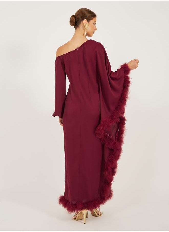 Styli - Asymmetric Neck Faux Fur Trim Maxi Dress - Image 1