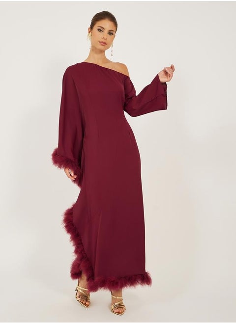 Asymmetric Neck Faux Fur Trim Maxi Dress