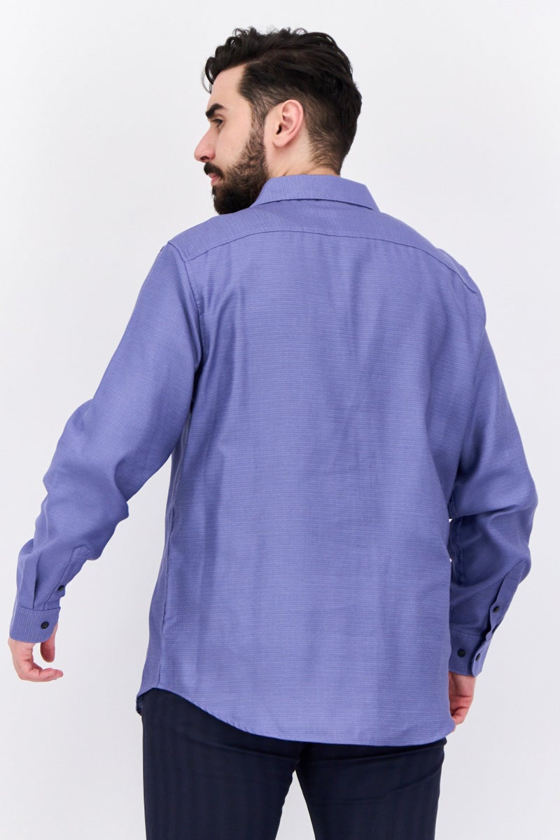 PERRY ELLIS Men Regular Fit Textured Long Sleeves Casual Shirt, Lilac - Image 3