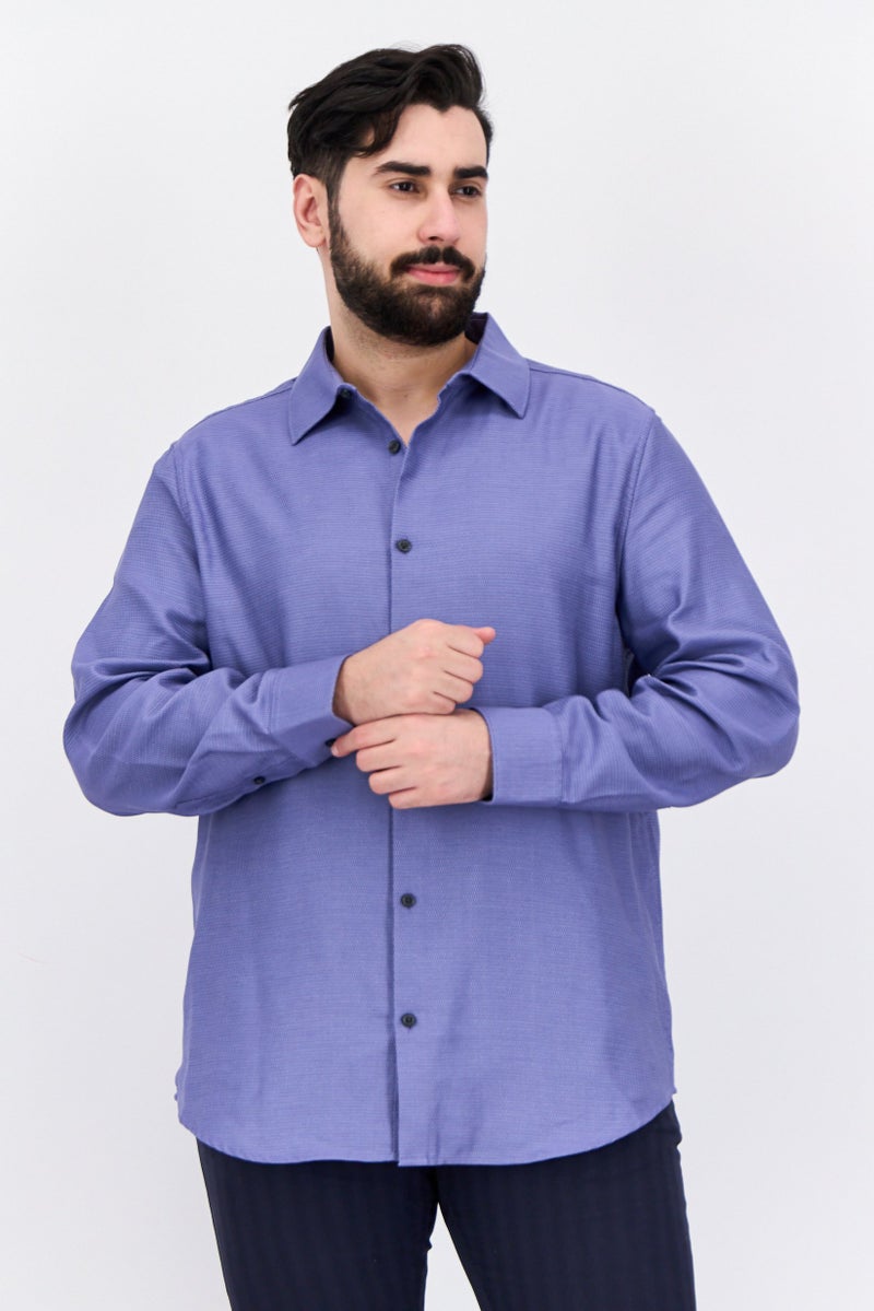 PERRY ELLIS Men Regular Fit Textured Long Sleeves Casual Shirt, Lilac - Image 1