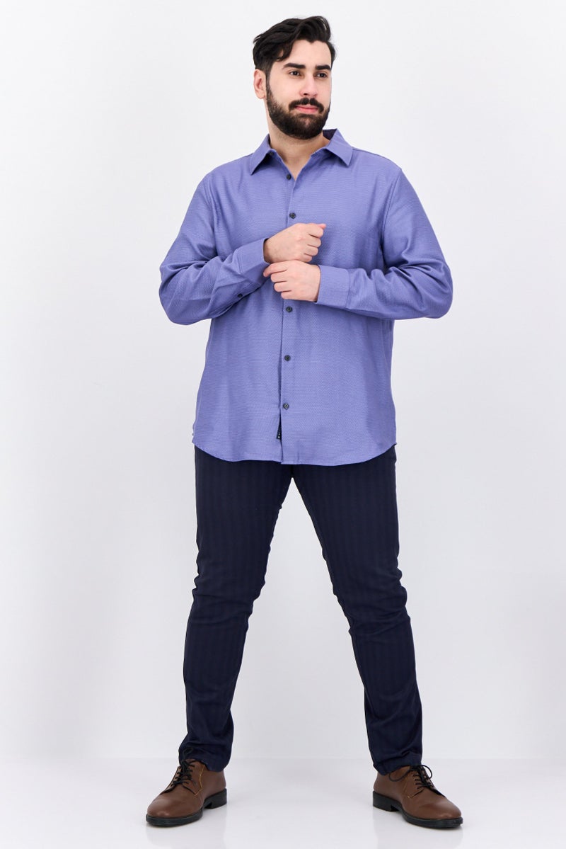 PERRY ELLIS Men Regular Fit Textured Long Sleeves Casual Shirt, Lilac - Image 4