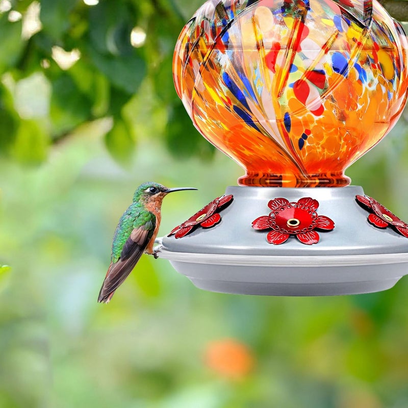 BOLITE Hummingbird Feeder, 24001O Hand Blown Glass Hummingbird Feeders for Outdoors Hanging, 22 Ounce, 5 Feeding Ports with Perch, Peony Flower Shape, Orange - Image 3