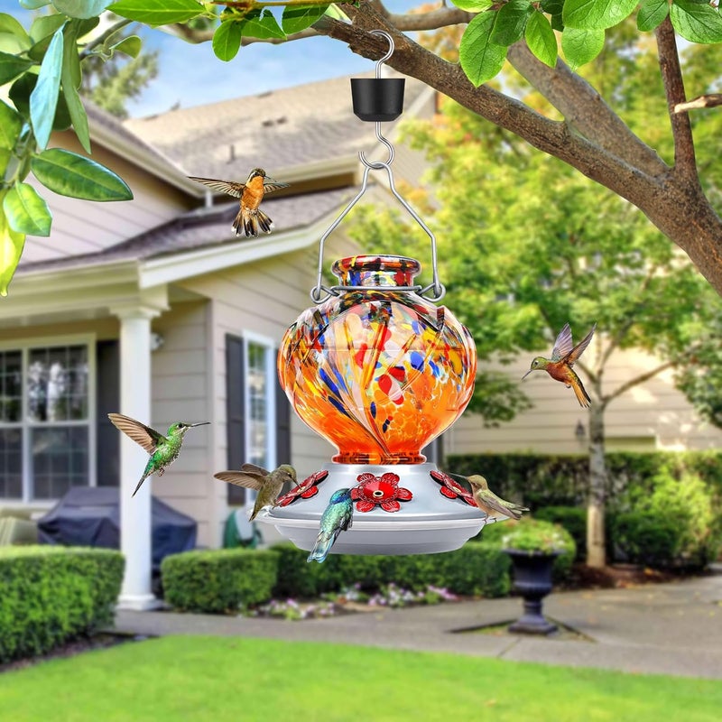 BOLITE Hummingbird Feeder, 24001O Hand Blown Glass Hummingbird Feeders for Outdoors Hanging, 22 Ounce, 5 Feeding Ports with Perch, Peony Flower Shape, Orange - Image 2