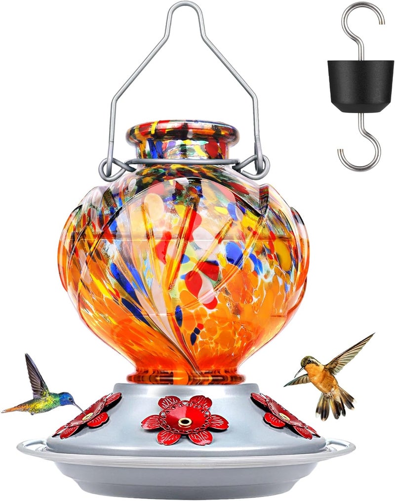 BOLITE Hummingbird Feeder, 24001O Hand Blown Glass Hummingbird Feeders for Outdoors Hanging, 22 Ounce, 5 Feeding Ports with Perch, Peony Flower Shape, Orange - Image 1