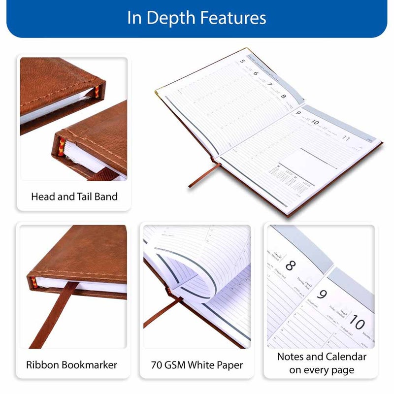 FIS 2026 Executive Diary, 210x260mm, 1 Side Padded Sewn Vinyl Cover, Golden Corners, 1 Week at a Glance, Arabic/English/French, 70gsm White Paper, Brown Cover-FSDI35AE26BR - Image 5