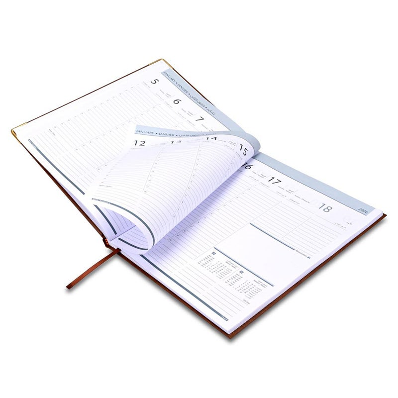 FIS 2026 Executive Diary, 210x260mm, 1 Side Padded Sewn Vinyl Cover, Golden Corners, 1 Week at a Glance, Arabic/English/French, 70gsm White Paper, Brown Cover-FSDI35AE26BR - Image 4