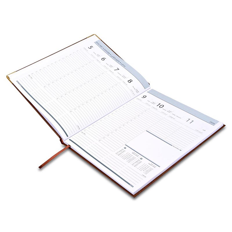 FIS 2026 Executive Diary, 210x260mm, 1 Side Padded Sewn Vinyl Cover, Golden Corners, 1 Week at a Glance, Arabic/English/French, 70gsm White Paper, Brown Cover-FSDI35AE26BR - Image 3
