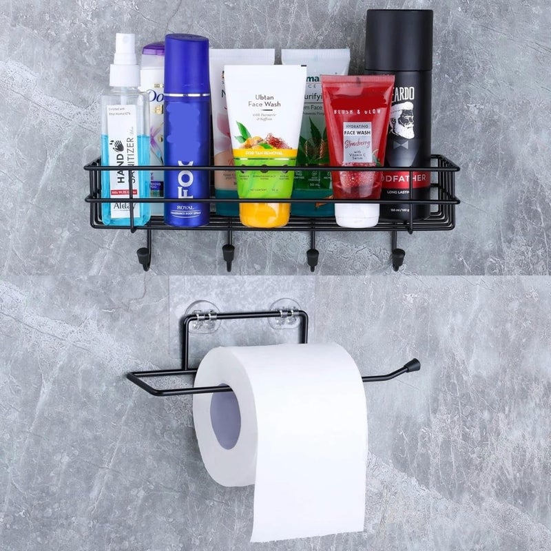 Hirapara Self Adhesive Toilet Paper Holder with 4 Hook Shelf Tissue Paper Roll Towel Holder Storage Rack Standard Size Black Combo Pack  - Image 1