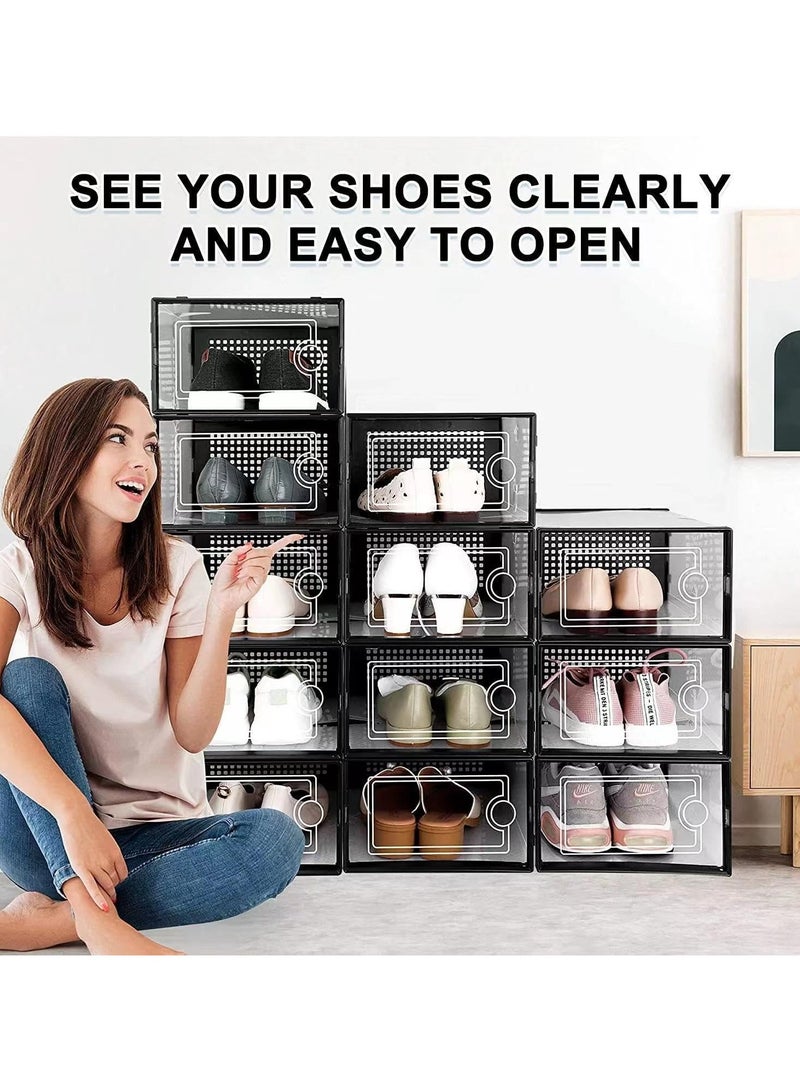GUDOO صندوق تخزين أحذية كبير مكون من 12 قطعة منظم أحذية بلاستيكي شفاف قابل للتكديس لتوفير مساحة في الخزانة ورف أحذية قابل للطي وحامل حاوية أحذية رياضية - Image 2