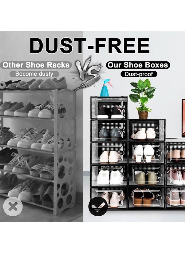 GUDOO صندوق تخزين أحذية كبير مكون من 12 قطعة منظم أحذية بلاستيكي شفاف قابل للتكديس لتوفير مساحة في الخزانة ورف أحذية قابل للطي وحامل حاوية أحذية رياضية - Image 3