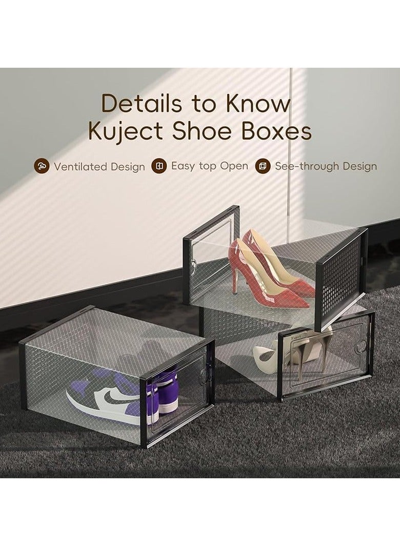 GUDOO صندوق تخزين أحذية كبير مكون من 12 قطعة منظم أحذية بلاستيكي شفاف قابل للتكديس لتوفير مساحة في الخزانة ورف أحذية قابل للطي وحامل حاوية أحذية رياضية - Image 4