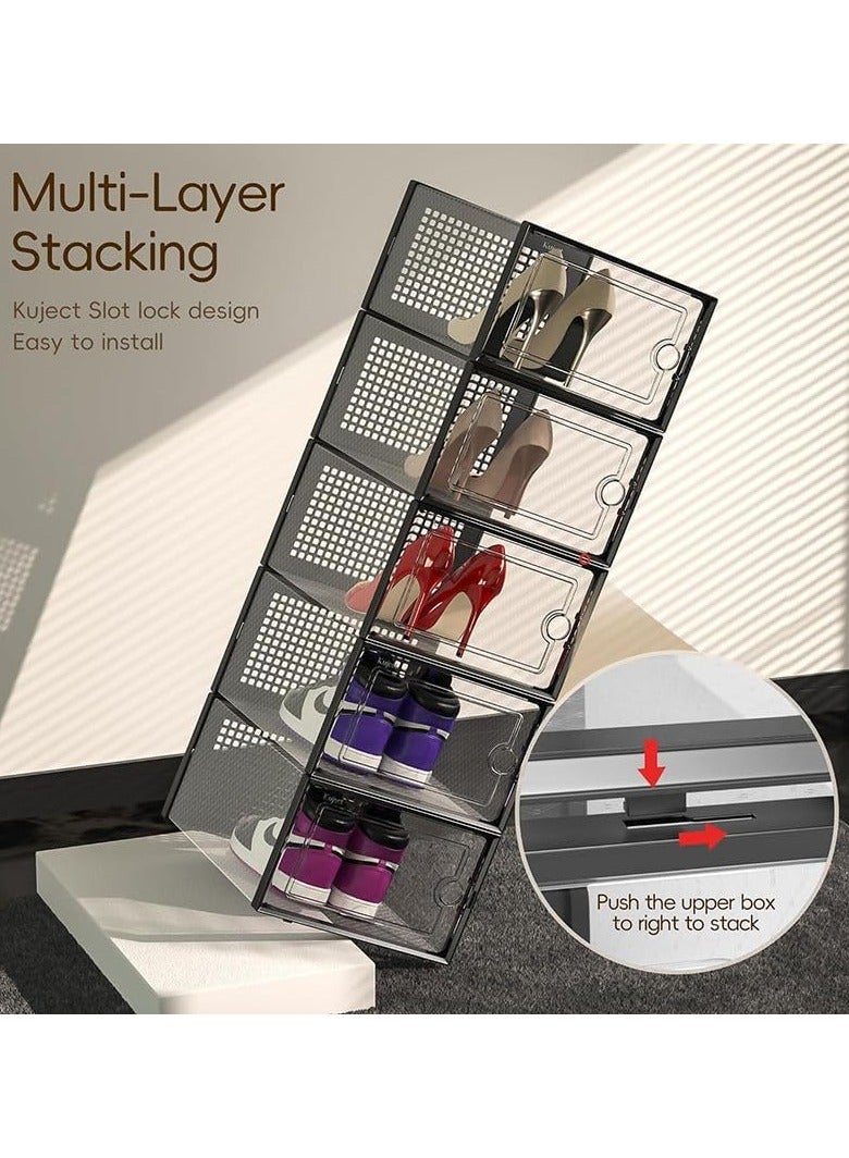 GUDOO صندوق تخزين أحذية كبير مكون من 12 قطعة منظم أحذية بلاستيكي شفاف قابل للتكديس لتوفير مساحة في الخزانة ورف أحذية قابل للطي وحامل حاوية أحذية رياضية - Image 5