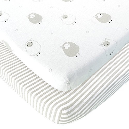 Cuddly Cubs Bassinet Fitted Sheets Compatible with Halo Fisher Price Delta Graco Fits Perfectly on 15 x 33 Inch Oval Rectangular Mattress Pad Snuggly Soft Jersey Cotton Grey Stripes Lamb 2 Pack