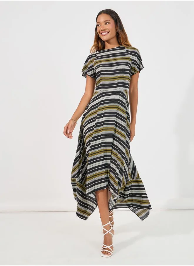 Styli Striped Asymmetric Hem A-Line Maxi Dress