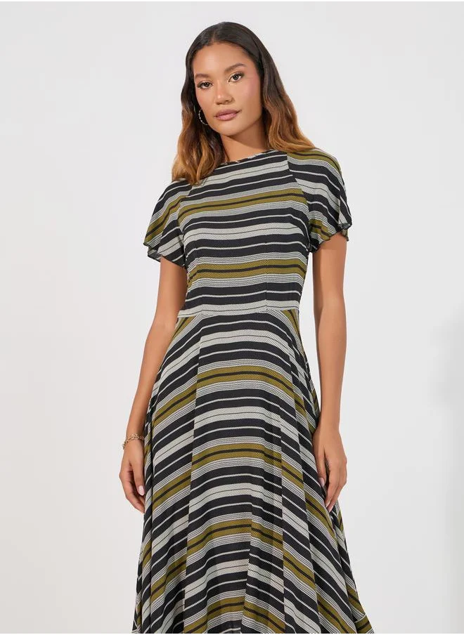 Styli Striped Asymmetric Hem A-Line Maxi Dress