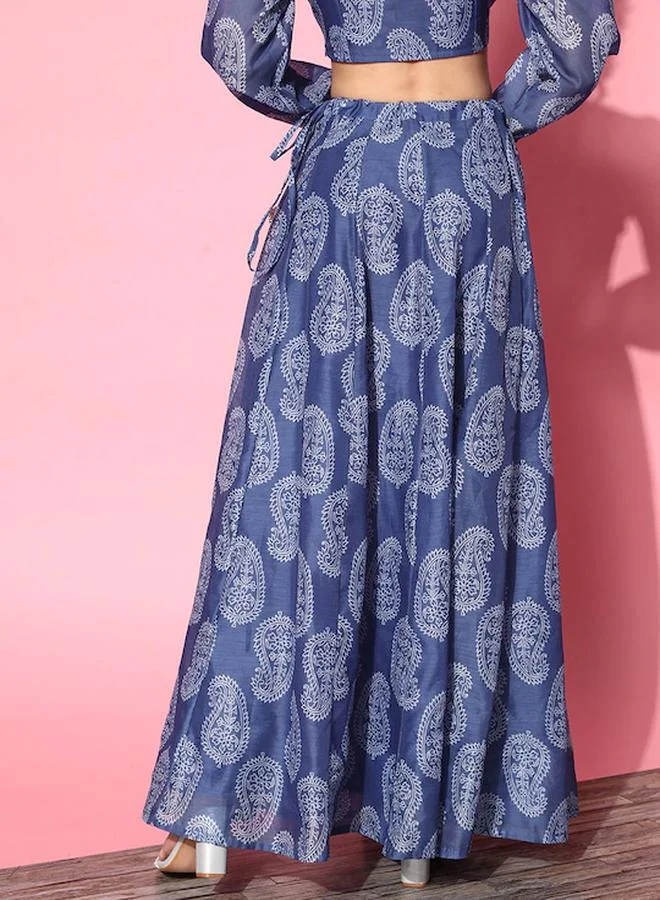 SASSAFRAS Chanderi Paisley Print Flared Maxi Skirt by Styli