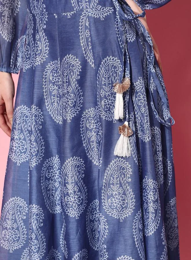 SASSAFRAS Chanderi Paisley Print Flared Maxi Skirt by Styli
