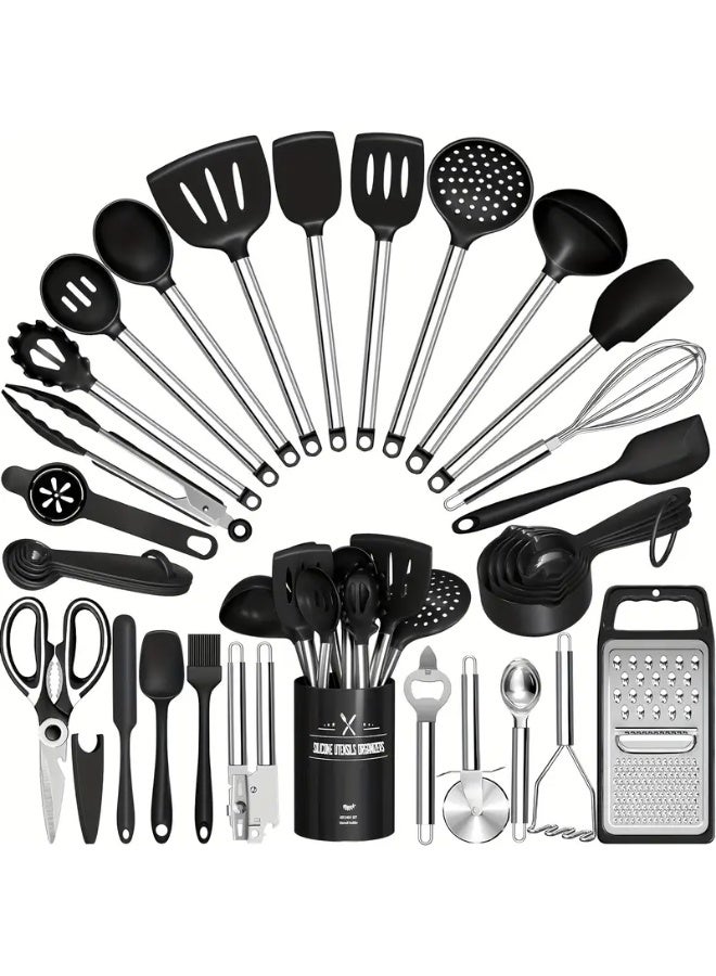 كيلا مجموعة أدوات المطبخ، مجموعة أدوات طهي سيليكون 34 قطعة لأواني الطهي غير اللاصقة - مجموعة ملاعق سيليكون، مقبض من الفولاذ المقاوم للصدأ - أدوات مطبخ سوداء، ملحقات الأواني والمقالي، هدية للأب - Image 1