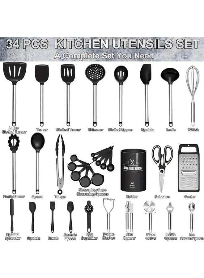 كيلا مجموعة أدوات المطبخ، مجموعة أدوات طهي سيليكون 34 قطعة لأواني الطهي غير اللاصقة - مجموعة ملاعق سيليكون، مقبض من الفولاذ المقاوم للصدأ - أدوات مطبخ سوداء، ملحقات الأواني والمقالي، هدية للأب - Image 3