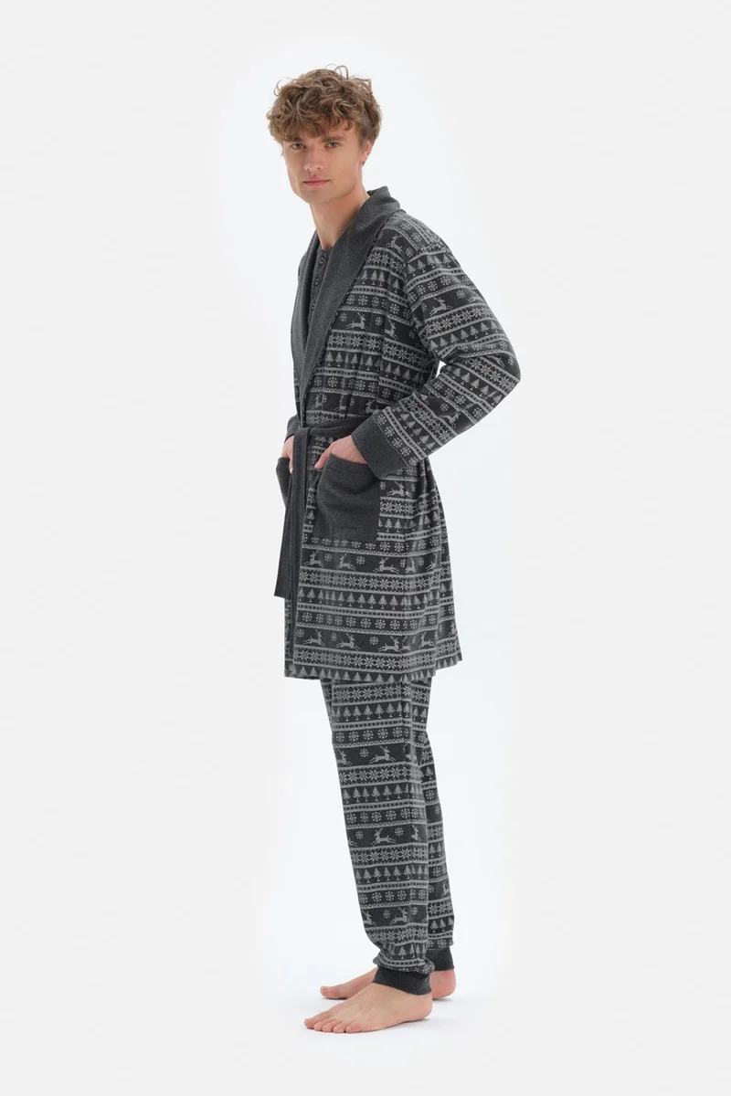 داجي Anthracite Shawl Collar Metering Printed Dressing Gown