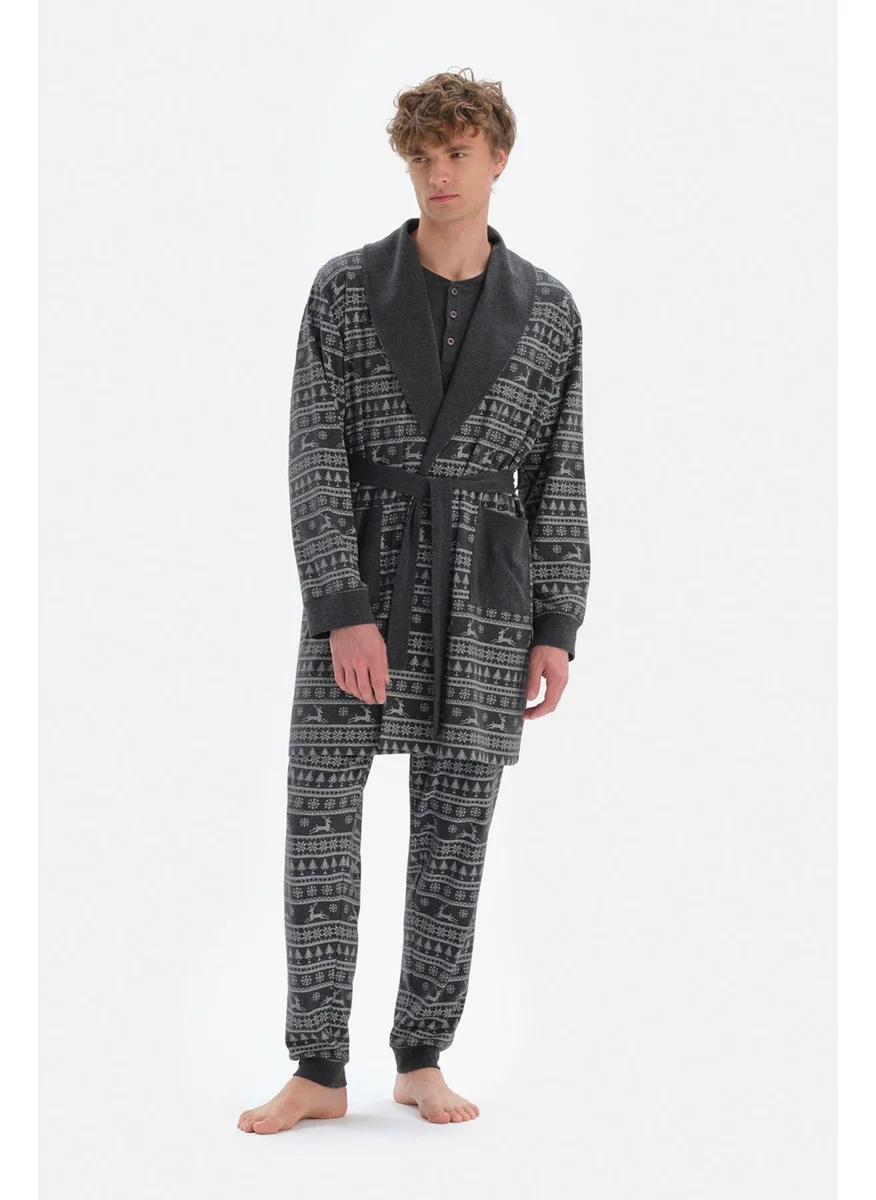 dagi Anthracite Shawl Collar Metering Printed Dressing Gown