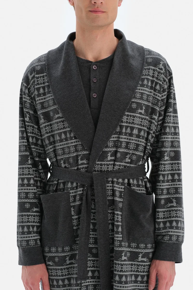 داجي Anthracite Shawl Collar Metering Printed Dressing Gown