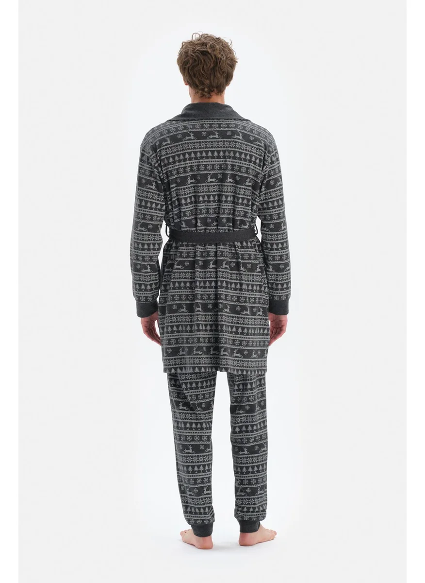 dagi Anthracite Shawl Collar Metering Printed Dressing Gown