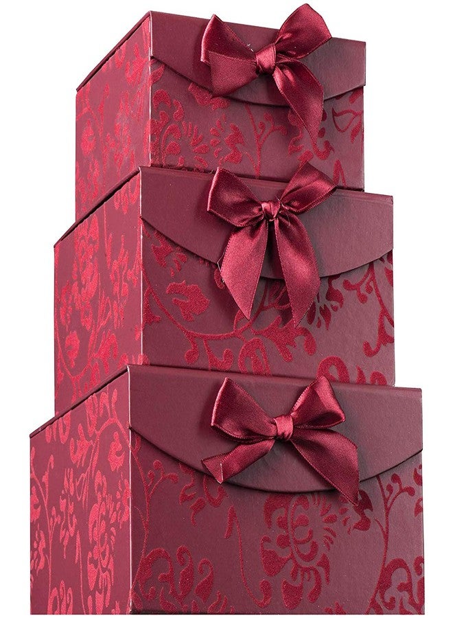 Hammont Burgundy Small Swirl Nesting Elegant Christmas Gift Boxes - Set of 3 - With Bows and Magnetic Closure for Party Wedding Gifts - Image 1