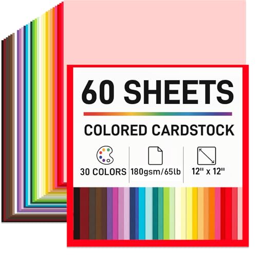 Booknow 60 Sheets Colored Cardstock Paper for Crafts 30 Assorted Colors 70lb180GSM Construction Paper 12x12 Inches Scrapbook DIY Crafts Back to School Supplies