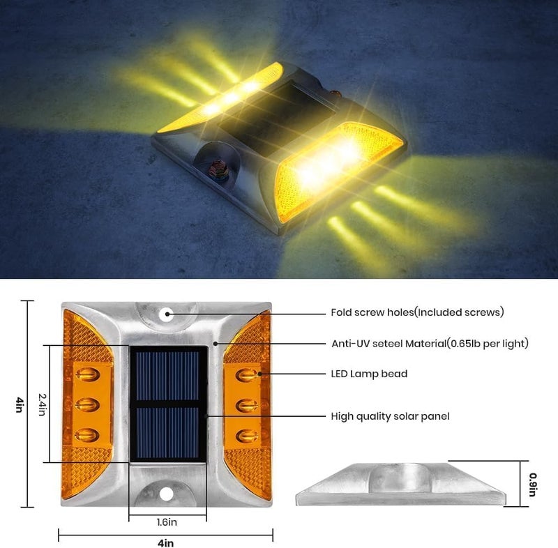kh Solar Road Stud Light Road Reflector Waterproof 6 LED Solar Powered Blinker for Anti-diecast Aluminum Deck Lights for Driveway, Dock, Markers, Step, Staircase, Garden (Pack of 4) - Image 5